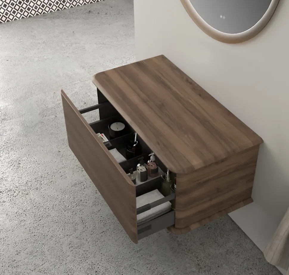Meuble sous-vasque à suspendre l.95 cm avec plan de toilette, effet noyer, Idra