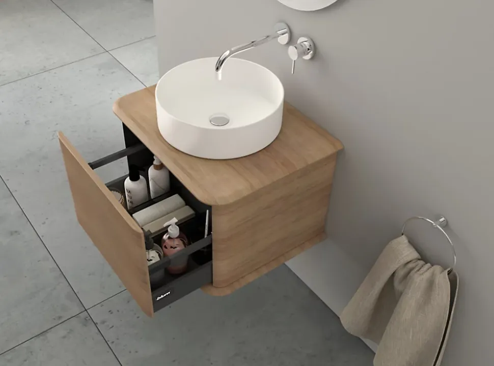Meuble sous-vasque à suspendre l.61 cm avec plan de toilette et vasque à poser, effet chêne tabac, Idra