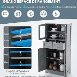 Meuble sur Pied de Salle de Bain 2 Tiroirs 1 Cabinet Clôture avec Etageere Ajustable Compartiment a Porte en Verre Trempe