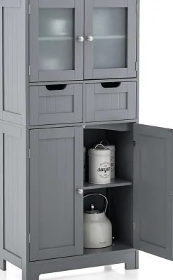 Meuble sur Pied de Salle de Bain 2 Tiroirs 1 Cabinet Clôture avec Etageere Ajustable Compartiment a Porte en Verre Trempe
