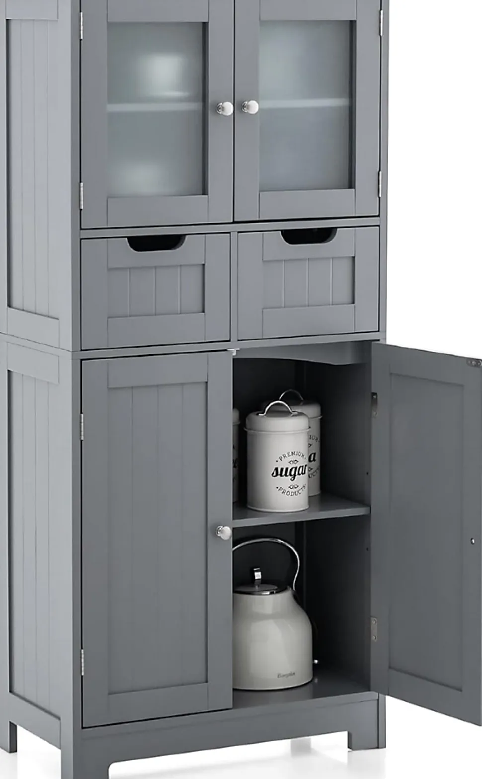 Meuble sur Pied de Salle de Bain 2 Tiroirs 1 Cabinet Clôture avec Etageere Ajustable Compartiment a Porte en Verre Trempe