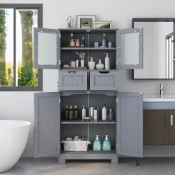 Meuble sur Pied de Salle de Bain 2 Tiroirs 1 Cabinet Clôture avec Etageere Ajustable Compartiment a Porte en Verre Trempe