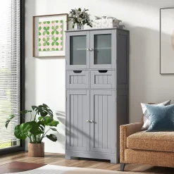 Meuble sur Pied de Salle de Bain 2 Tiroirs 1 Cabinet Clôture avec Etageere Ajustable Compartiment a Porte en Verre Trempe