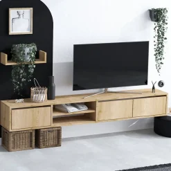 Meuble suspendu TV 3 portes 2 niches décor chêne saphir L180 cm - HEKA