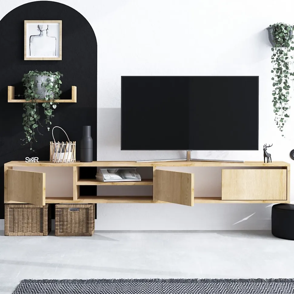 Meuble suspendu TV 3 portes 2 niches décor chêne saphir L180 cm - HEKA