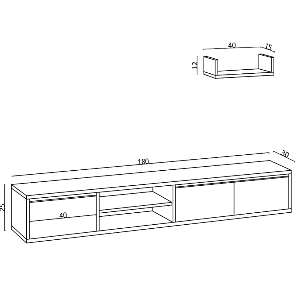 Meuble suspendu TV 3 portes 2 niches décor chêne saphir L180 cm - HEKA