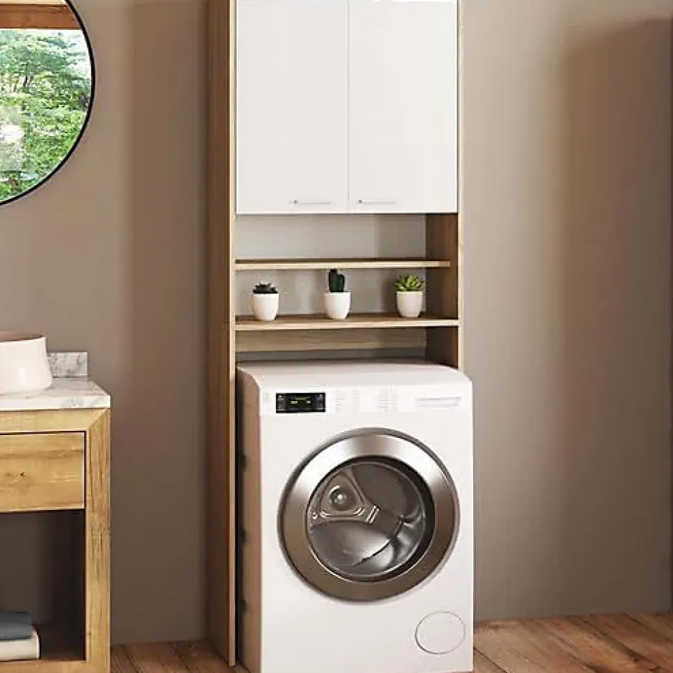 Meuble Étagères de Rangement Contemporain Blanc et Hêtre