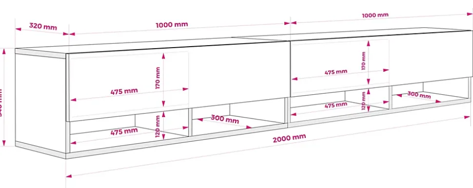 Meuble TV 200 (2 x 100) cm Chêne Craft, 200 x 32 x 52 cm