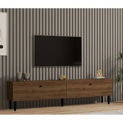 Meuble TV 2 abattants décor noyer et pieds en métal noir - DINARD