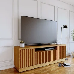 Meuble TV - AMAZONAS - 70 Pouces - Imitation Chêne - 4 Portes - 7 Niches - 6 Roulettes