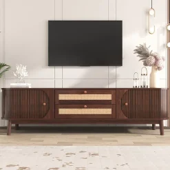 Meuble TV - Bois Naturel Avec Portes Et Tiroirs, Bordures En Rotin, Style Campagne Naturel.