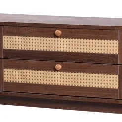 Meuble TV - Bois Naturel Avec Portes Et Tiroirs, Bordures En Rotin, Style Campagne Naturel.