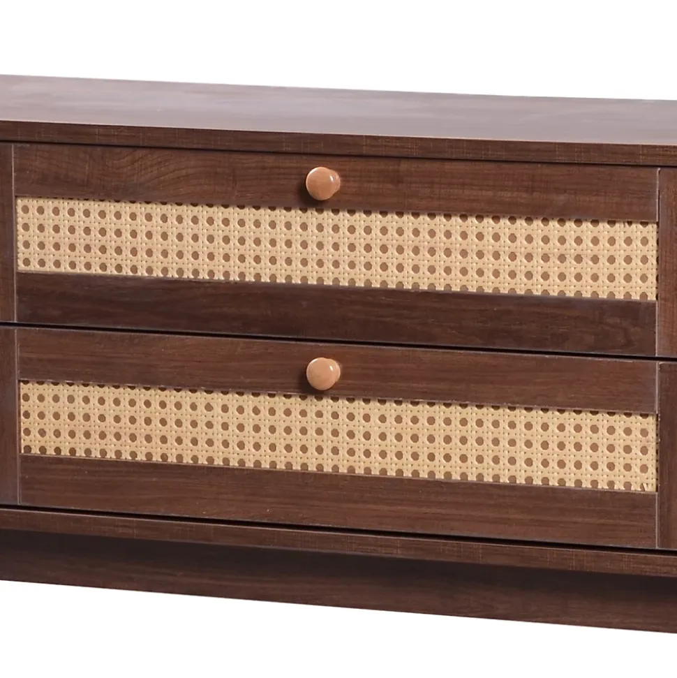 Meuble TV - Bois Naturel Avec Portes Et Tiroirs, Bordures En Rotin, Style Campagne Naturel.