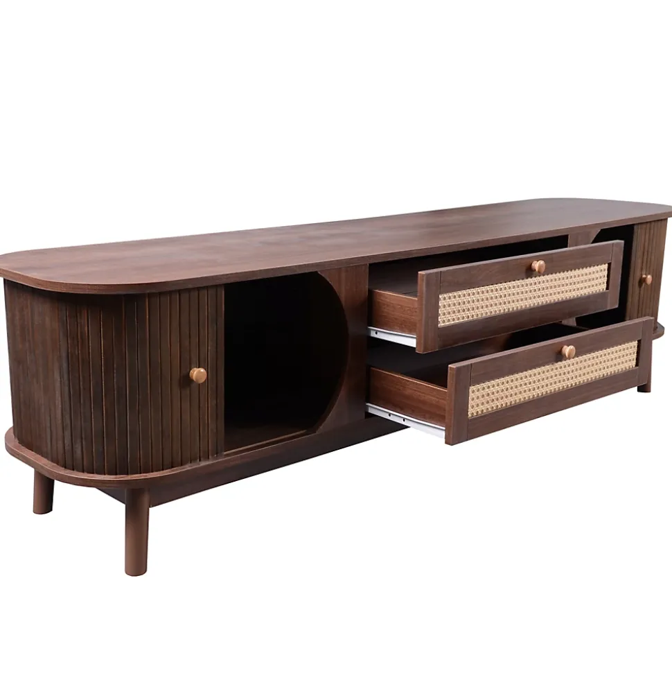 Meuble TV - Bois Naturel Avec Portes Et Tiroirs, Bordures En Rotin, Style Campagne Naturel.