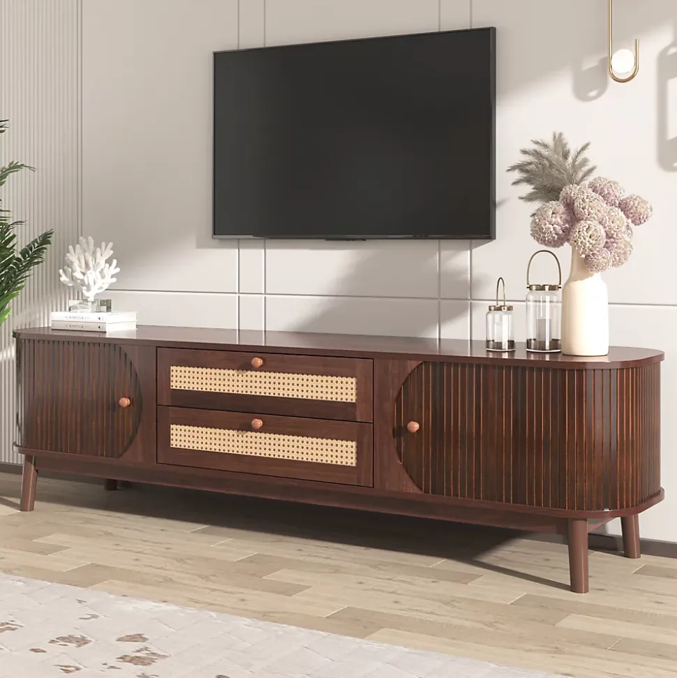 Meuble TV - Bois Naturel Avec Portes Et Tiroirs, Bordures En Rotin, Style Campagne Naturel.