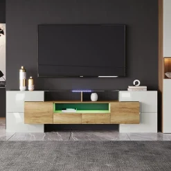 Meuble TV - Éclairage LED et Plateau en Verre, Finition Brillante Moderne pour Salon - 200x35x60 cm - Blanc Brillant et Naturel