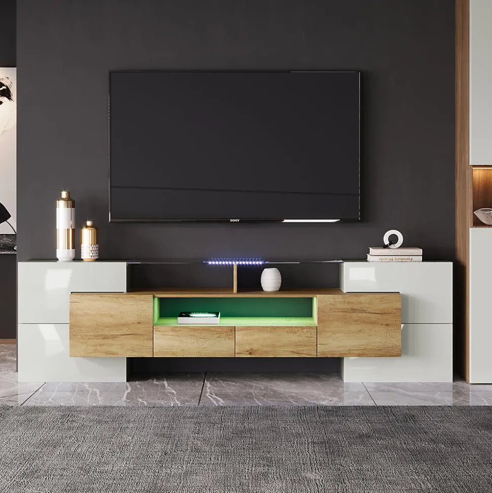 Meuble TV - Éclairage LED et Plateau en Verre, Finition Brillante Moderne pour Salon - 200x35x60 cm - Blanc Brillant et Naturel