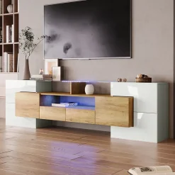 Meuble TV - Éclairage LED et Plateau en Verre, Finition Brillante Moderne pour Salon - 200x35x60 cm - Blanc Brillant et Naturel