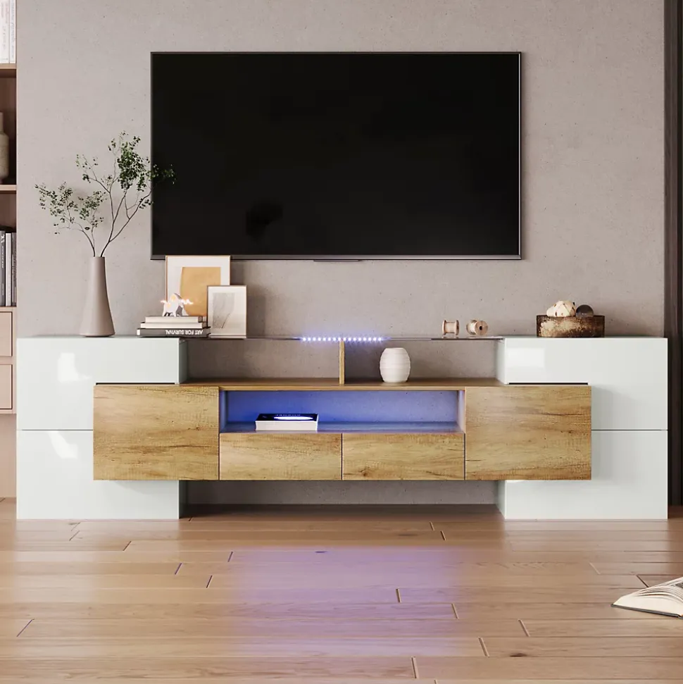 Meuble TV - Éclairage LED et Plateau en Verre, Finition Brillante Moderne pour Salon - 200x35x60 cm - Blanc Brillant et Naturel