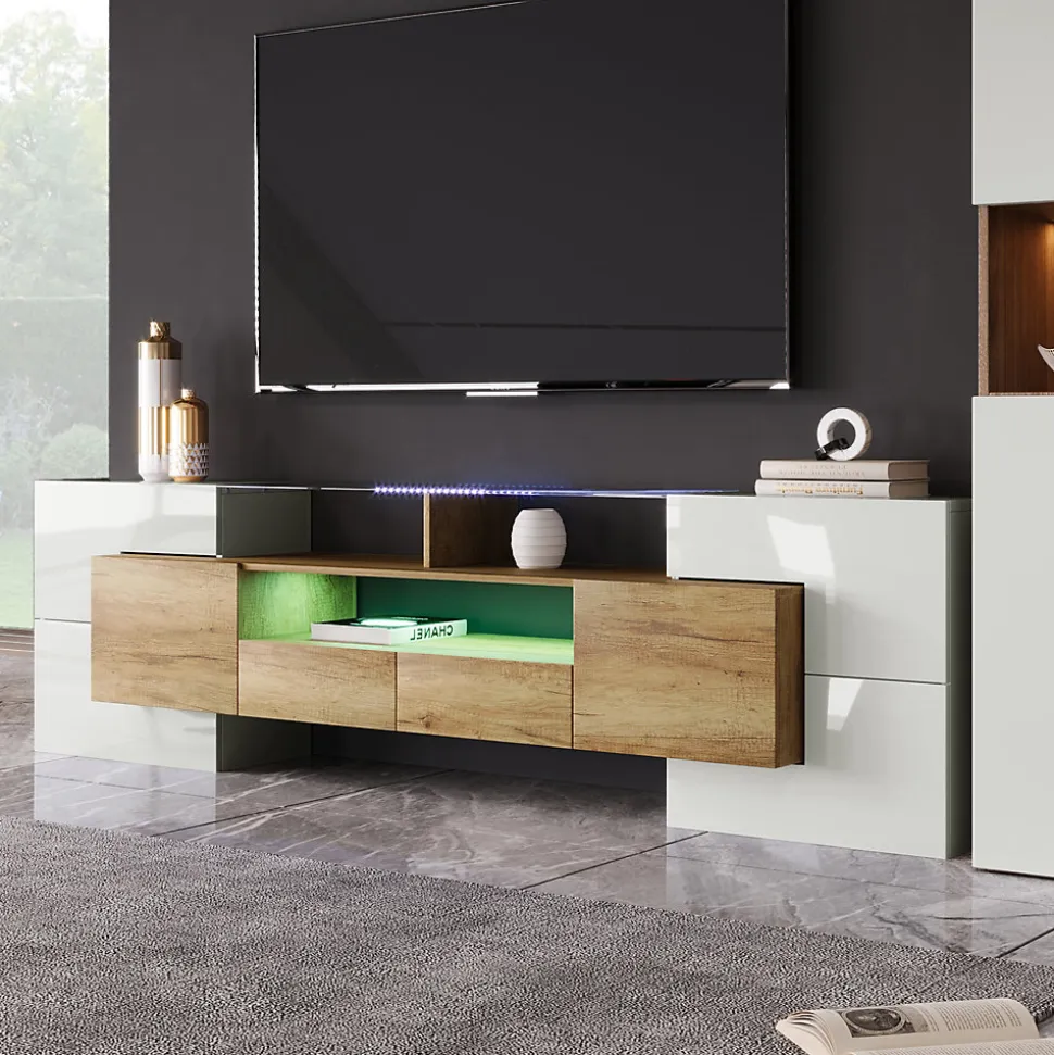 Meuble TV - Éclairage LED et Plateau en Verre, Finition Brillante Moderne pour Salon - 200x35x60 cm - Blanc Brillant et Naturel