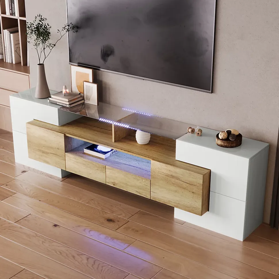 Meuble TV - Éclairage LED et Plateau en Verre, Finition Brillante Moderne pour Salon - 200x35x60 cm - Blanc Brillant et Naturel