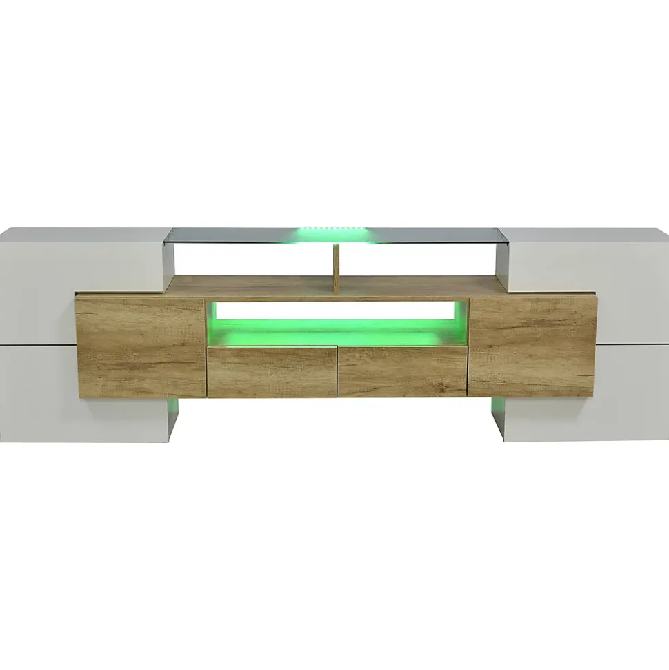Meuble TV - Éclairage LED et Plateau en Verre, Finition Brillante Moderne pour Salon - 200x35x60 cm - Blanc Brillant et Naturel