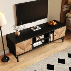 Meuble TV 150 cm - avec Compartiments Ouverts et Fermés, Rangement Vertical et Horizontal, design Moderne, Noir et Bois