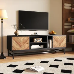 Meuble TV 150 cm - avec Compartiments Ouverts et Fermés, Rangement Vertical et Horizontal, design Moderne, Noir et Bois