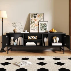 Meuble TV 150 cm - avec Compartiments Ouverts et Fermés, Rangement Vertical et Horizontal, design Moderne, Noir et Bois