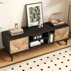 Meuble TV 150 cm - avec Compartiments Ouverts et Fermés, Rangement Vertical et Horizontal, design Moderne, Noir et Bois