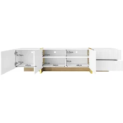 Meuble TV 190 cm, 3 portes, 2 tiroirs, blanc avec veinage or et bois