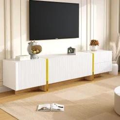 Meuble TV 190 cm, 3 portes, 2 tiroirs, blanc avec veinage or et bois