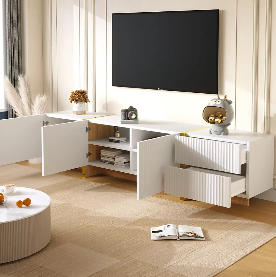 Meuble TV 190 cm, 3 portes, 2 tiroirs, blanc avec veinage or et bois