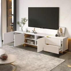 Meuble TV 190 cm, 3 portes, 2 tiroirs, blanc avec veinage or et bois