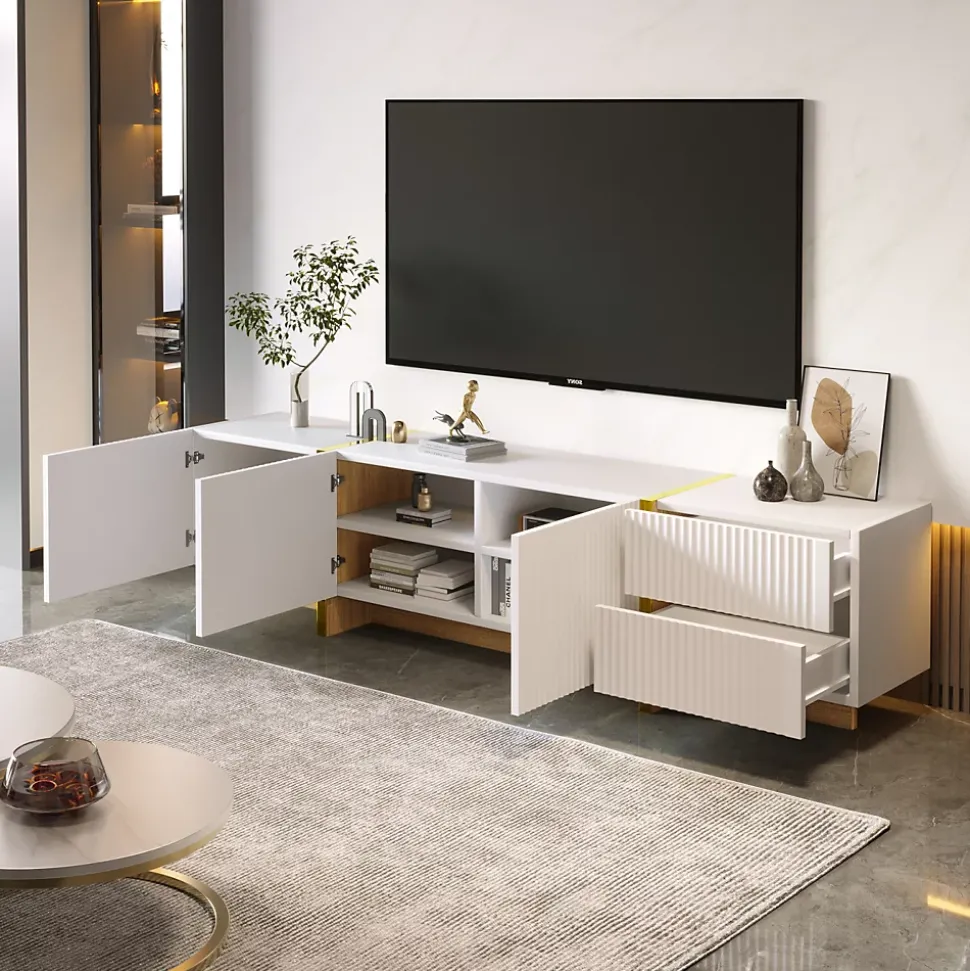 Meuble TV 190 cm, 3 portes, 2 tiroirs, blanc avec veinage or et bois