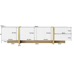 Meuble TV 190 cm, 3 portes, 2 tiroirs, blanc avec veinage or et bois