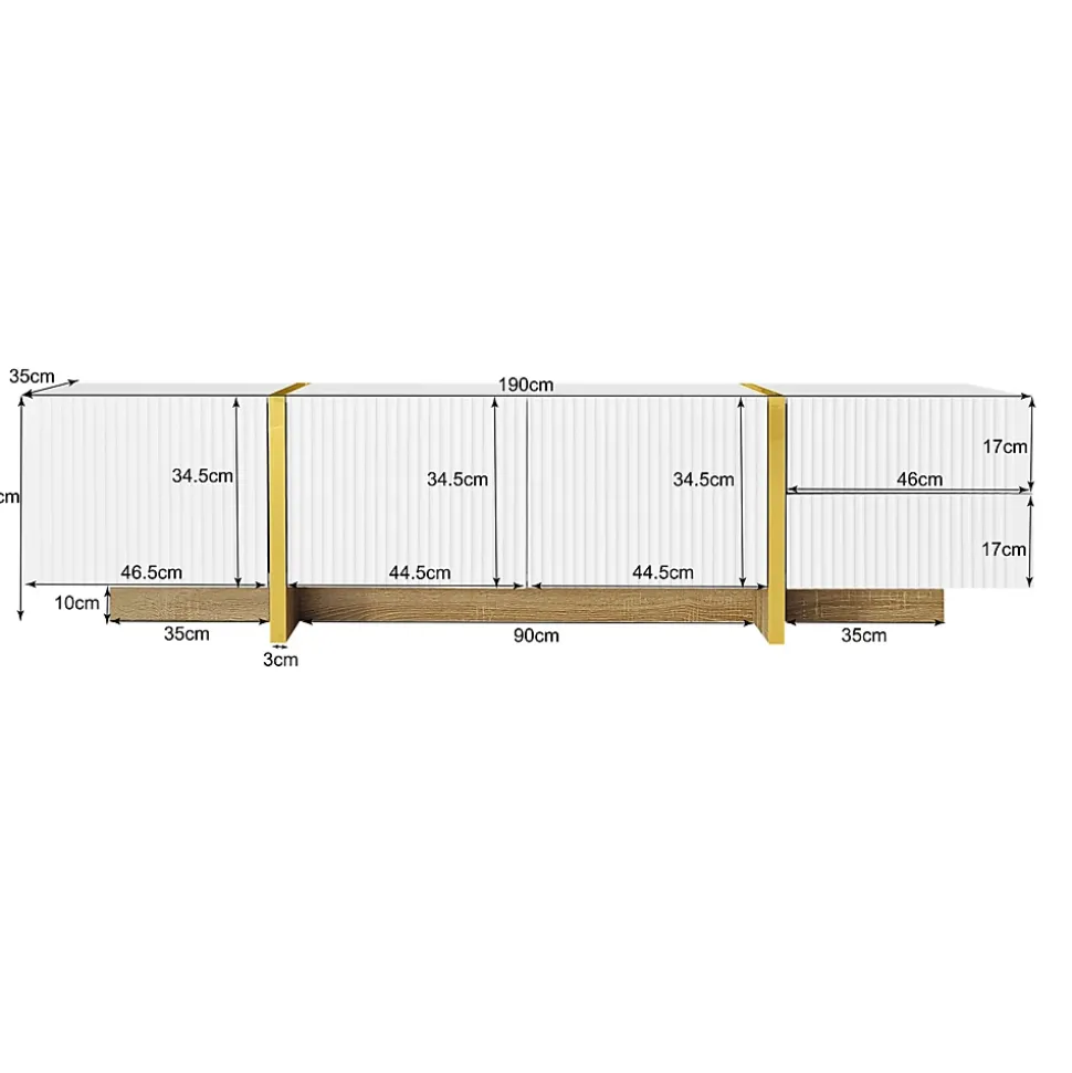 Meuble TV 190 cm, 3 portes, 2 tiroirs, blanc avec veinage or et bois