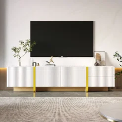 Meuble TV 190 cm, 3 portes, 2 tiroirs, blanc avec veinage or et bois