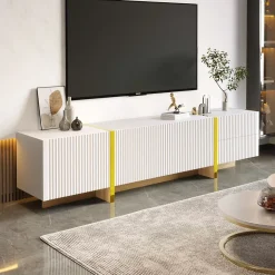 Meuble TV 190 cm, 3 portes, 2 tiroirs, blanc avec veinage or et bois