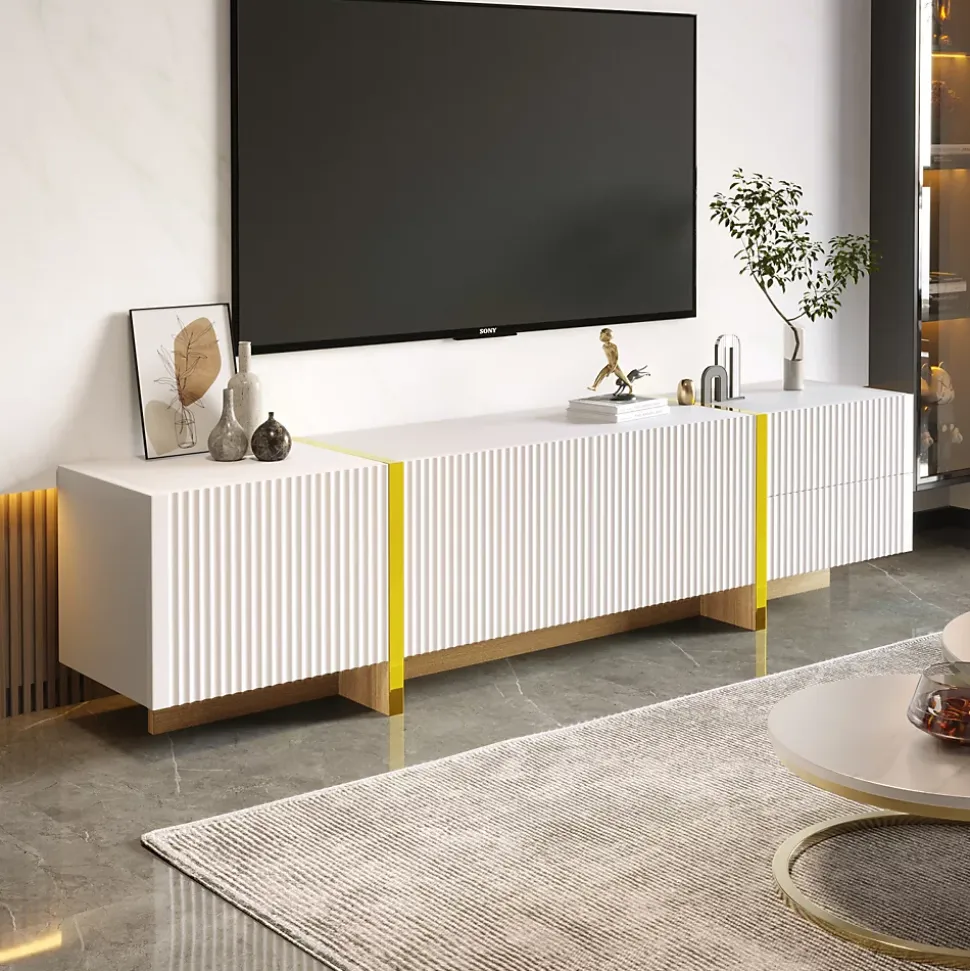 Meuble TV 190 cm, 3 portes, 2 tiroirs, blanc avec veinage or et bois