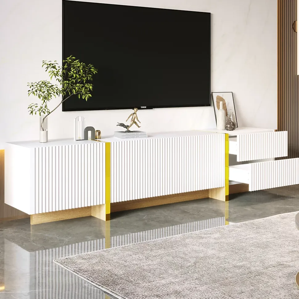Meuble TV 190 cm, 3 portes, 2 tiroirs, blanc avec veinage or et bois