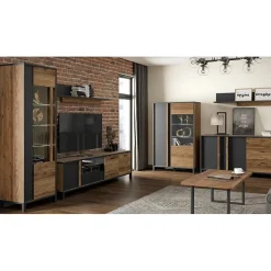 Meuble TV 200 cm 3 portes décor bois et noir pieds noir - CELIA