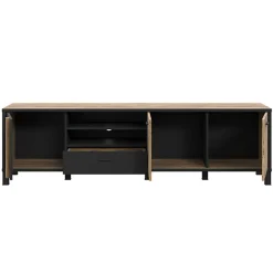 Meuble TV 200 cm 3 portes décor bois et noir pieds noir - CELIA