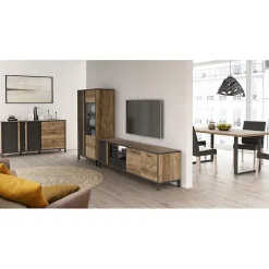 Meuble TV 200 cm 3 portes décor bois et noir pieds noir - CELIA