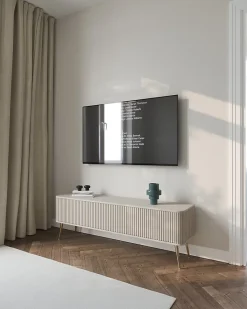 Meuble TV 163 cm 3 portes grège doré OVARLO