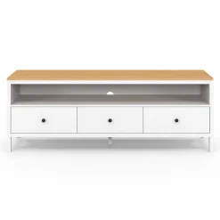 Meuble TV 140 cm ACHILLE 3 tiroirs blanc et plateau bois