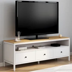 Meuble TV 140 cm ACHILLE 3 tiroirs blanc et plateau bois