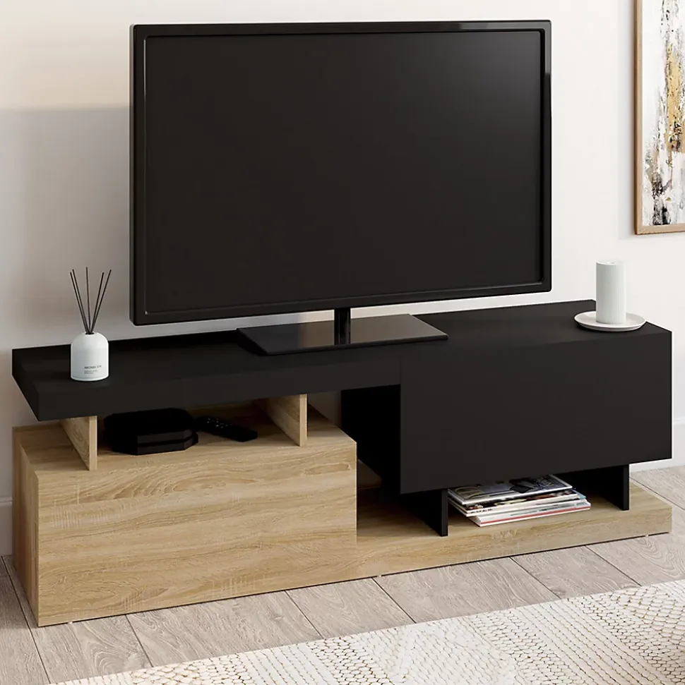 Meuble TV 140 cm ANGULO 2 portes effet bois et noir
