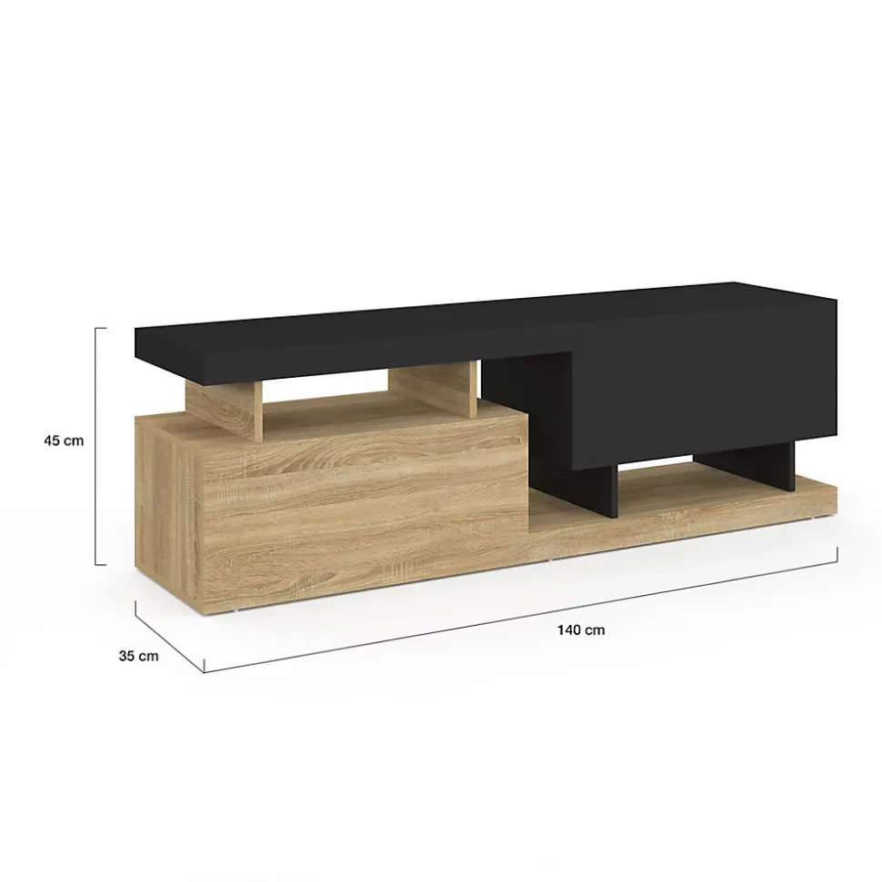 Meuble TV 140 cm ANGULO 2 portes effet bois et noir