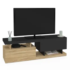 Meuble TV 140 cm ANGULO 2 portes effet bois et noir